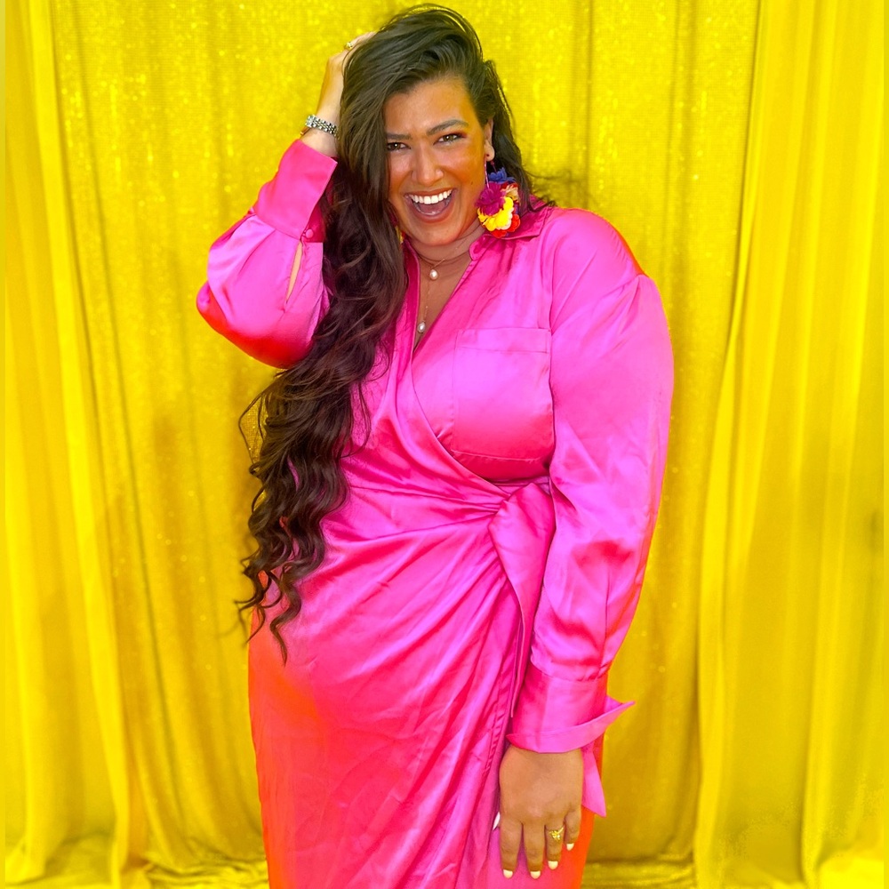 Eloquii Bright Pink Satin Maxi Wrap Dress - Picture 2 of 9